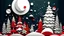 Placeholder: papercut craft of Christmas night, snowman in fluid red and silver, golden red ornaments and pale gift boxes, full moon, Christmas tree,