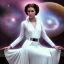 Placeholder: model shoot style, digital art zoomed out portrait of (Princess Leia) ((dressed in white and off white gown)), surrounded by 100 planets, ultra-detailed, ultra quality, illustration, eerie atmosphere, 8k, cinematic lighting