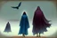 Placeholder: two people in capes and hoods seen from behind walking side by side in an empty foggy plain, above there is blue sky by artist "Leonora Carrington",by artist "Christian Schloe"