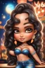 Placeholder: create an airbrush illustration of a chibi cartoon curvy polynesian female wearing Tight blue jeans and a peach off the shoulder blouse. Prominent make up with long lashes and hazel eyes. She is wearing brown feather earrings. Highly detailed long black shiny wavy hair that's flowing to the side. Background of a night club.