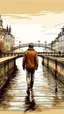 Placeholder: a man standing on Porto bridge, bucsh painting drawing style
