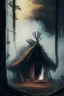 Placeholder: happy primitive hut in the shadows of the forest, depth of field, old photography, mist, smoke, artstation