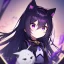 Placeholder: Clear focus, High resolution,a anime kid, rough line skecth, cute, cartoony style, 1girl, black long hair,hair between eyes, cat ears, purple eye, 1 purple streak in haie, half chibi, only head no body