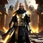 Placeholder: star wars bald male corellian jedi pilot wearing black and gunmetal grey old republic armored robes with gold trim, alone, battle-ready Jedi Master defending a ruined ancient city surrounded by golden light, centered head and shoulders portrait, hyperdetailed, dynamic lighting, hyperdetailed background, 8k resolution, volumetric lighting, light skin, fully symmetric details