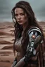 Placeholder: science fiction scene like fantasy on mars 40 years old woman brunette long hair ultrarealistic wet skin raining, tattos photorealistic, wind is blowing, tanned skin collarbones, skinny, space ship behind, all looks like poster from 2020, women looks like model, wearing over-knee-sockets