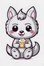 Placeholder: cute, simple, grey chibi wolf holding cupcake