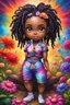 Placeholder: Create an oil painting image of a chibi black curvy female wearing a tie dye yoga outfit. Prominent make up with hazel eyes. Highly detail asymmetrical dread locs. background of colorful large flowers 2k