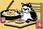 Placeholder: Cute cat is eating sushi. Manga style