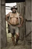 Placeholder: 1970's half figure photography of a burly overweight muscular brazilian farmer 44 years old, sweat, short curly hair, short beard, manly chest, tattoo, hand on the fap, shirtless with dirty shorts, on the door of a large barn, under the sun