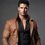 Placeholder: arafed, mid-shot of a hunky man with a black shirt and a brown jacket, gigachad