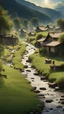 Placeholder: There is a valley, there is a village in the valley, the houses in the village are made of wool grass, there is a small stream in the village, there are people washing clothes on the edge of the stream, children are running on the road, the farmland in front of the village is green, Chinese cinematic lighting, Rembrandt light, inflatable effect, complementary colors, isometric view, + telephoto lens