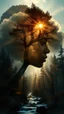 Placeholder: portrait of a black woman Double exposure surreal digital art of a mysterious , his face in profile, blending seamlessly into the shape of the clouds . a magical forest scene unfolds, illuminated by golden light rays, with tall trees and a flowing river.