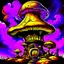 Placeholder: A fantabulous black, purple and yellow (((mushroom tower house))) erected atop a (geologic pillar), surrounded by the uncanny imaginative ((( swirling skies))), offset by the stark hues of a (neon-tinged nebulous space scape), within. captured by the hand a skilled master painter with a focus on (softly blurred compositions and voluminous lighting).