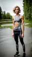 Placeholder: photography of a beautiful anorexic woman, grey satin triathlon top, sports illustrated, blond short wavy bob haircut, pronounced sternum, flat chest, anthracite cycling leggins