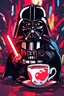 Placeholder: Tiny darth vader holding a red light saber, standing inside a coffee mug, neon colors, explosions background