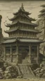 Placeholder: A brownish gray temple made out of stone designed in cave paintings painted by Utagawa Hiroshige