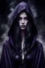 Placeholder: portrait a dark fairy with a pale face, long dark hair, in a dark purple shiny black hooded cloak, suggestive dark deep gaze, impressive, perfect, cold beauty, dark, sad, gothic mood, atmospheric, smoke, high detalied, high realistic, photorealistic