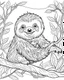 Placeholder: create a 2d black outline, "safari smiling cartoon sloth on a branch coloring book for kids", coloring page, low details design, black contour, coloring page design, simple background, colorful , card style, coloring page for kids, white background, sketch style, safari landscape, cartoon style