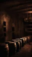 Placeholder: An old winery with a lot of old big wine Barrels in a dark room , a few bottles of red wines with and old labels and spider webs on old broken shelf’s in side a dark abandoned underground dark room with a little dim touch on the wall, scary, dramatic, mysterious ambiance