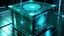 Placeholder: Cube tesseract from movie Loki. Tesseract size must be third part of image size. Located strictly in the middle of picture with space around it and with navy blue/green glow inside tesseract. Without surface/table on which it stay.