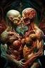 Placeholder: cinematic gore photorealistic fleshy dmt lsd photo of 2 bodies making love, 1 male 1 female, 1 soul, complementary, twisted anatomically fragmented, ripped apart again being flayed, skinned alive. A beating heart, muscles, blood vessels, bowels, entrails are exposed. anatomy. physiology. Bosch and Dali inspired hallucinations. mythology. grotesque.