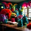 Placeholder: monsters in a classroom, made of felt, volumetric light, hypermaximalist, odd, paranoic light