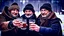 Placeholder: close-up photo, european hungarian villager mens in dark winter cloths toasting men's hands holding short drink glass glasses with water, winter, low light, background blur old authentic villager faces, high detalied, sharp focus, high realistic, perfect photo