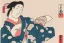 Placeholder: ukiyo-e style print of a white rabbit with a human body wearing a soft pink yukata and walking by the sea