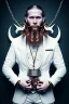 Placeholder: Viking BDSM style, 8K, a Highly detailed portrait of a man holding a submissive woman in a chain, white suit, beard, and short hair