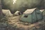 Placeholder: campsite, tents, overgrown, post-apocalyptic, comic book, forest