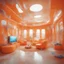 Placeholder: Surreal living room where everything is in plastic, orange, even the walls and windows and carpet, futuristics