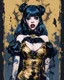 Placeholder: Poster in two gradually, a one side malevolent goth vampire girl face and other side the Singer Melanie Martinez face, full body, painting by Yoji Shinkawa, darkblue and gold tones,