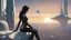 Placeholder: A white woman with black hair, in an android-looking catsuit, sitting on a rock, sideways, with Saturn planet behind her, filling most of the sky, a futuristic city on the horizon, evening sunlight