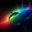 Placeholder: a dolphin flying in the space with a rainbow behind him