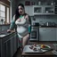 Placeholder: Picture of a photrealistic, lifelike,young 33 year old chubby extreme tatood girl sleep walking in kitchen with big scary knifes in her hands