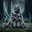 Placeholder: an anthropomorphic female wolf hibrid hugs with paws her two anthropomorphic wolf-kid hibrid child on field, in background tall trees wirh big trunks, rain, down on blue-green moss, hug each other , rainy day, high contrast, high detalied, atmospheric, fantasy, sci-fi mood