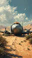 Placeholder: A 1950 commercial airplane with broken glass and doors in front of crashed in realistic desert with sand dunes , in a forgotten battlefield over run by vegetation, cutesy tiktok detailed oil painting, grainy, old style