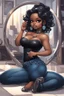 Placeholder: Create a futurism magna art of a black chibi curvy female sitting on the floor looking at herself in a hand mirror. She is wearing tight blue jeans and a black off the shoulder blouse. Prominent make up with lush lashes. Highly detailed long wavy hair. She is also wearing silver large hoop earringsart of a black chibi curvy female sitting on the floor looking at her cell phone. She is wearing tight blue jeans and a black off the shoulder blouse. Prominent make up with lush lashes.