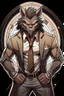 Placeholder: Buff, anthro, wolf, himbo, black fur, gold eyes, wearing a suit, full-body, muscles, strong, muscular, man boobs, bulky, tail, dark fur, smug grin, hands on hips,