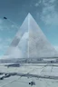 Placeholder: concept art of levetating see through pyramid above a highly detailed mechanical landing pad, by beeple, artstation, CG society, blue skies