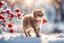 Placeholder: A beautiful colourful little cat catches a red berry while standing on a snowy branch in sunshine, ethereal, cinematic postprocessing, bokeh, dof