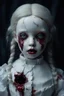 Placeholder: A hauntingly beautiful porcelain doll with small storms for eyes. Her skin is pale and cracked like porcelain. Her hair is red like wine with fire coming out. Her lips are sewn together except for one corner that is ripped and bleeding.