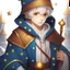 Placeholder: 4K, Fantasy World, A boy only wearing a closed wizards robe, and wearing a wizards hat. White Hair. Golden Eyes with no pupils.