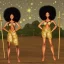 Placeholder: Biologically Female African American Twins, black skin, tall and slender, long afro kinky hair,big brown eyes, long eyelashes warrior wear. Big butts. Gold accents on clothing. Surround by trees. Holding golden spears. Starry night