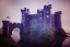 Placeholder: old castle, foggy, moat and drawbridge. surrounded by cliffs, purple