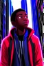 Placeholder: Miles Morales in the rain in the city looking up