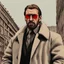 Placeholder: a young man with big muscles who looks like hans gruber wearing a heavy coat and red sunglasses staring with an irritated look on his face