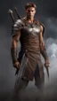 Placeholder: ultra realistic photograph of a muscular male warrior with short light brown hair and steel gray eyes wearing a loose fitting shirt