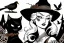 Placeholder: Witch, playing with crows, black cat, perfect iris, ink and pencil, style Carl Barks