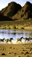 Placeholder: Sudan , kassala mountains, horses running down mountain leading to blue lake